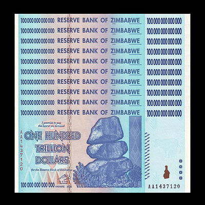 Lot 10 Pcs, Zimbabwe 100 Trillion Dollars, Aa/2008 Series, P-91 Unc, 1/10 Bundle