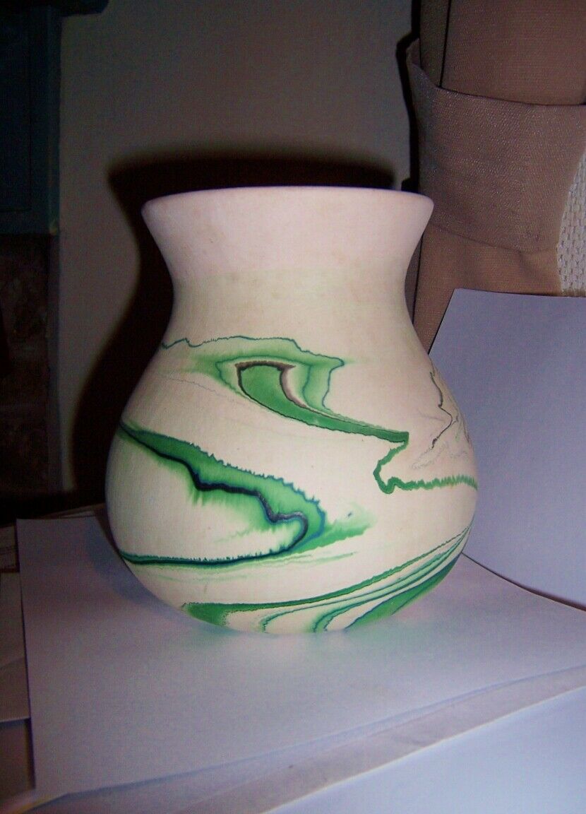 Vtg Nemadji Usa Handmade Native American Marbled 7 Inch Urn Vase Teal Green Mix