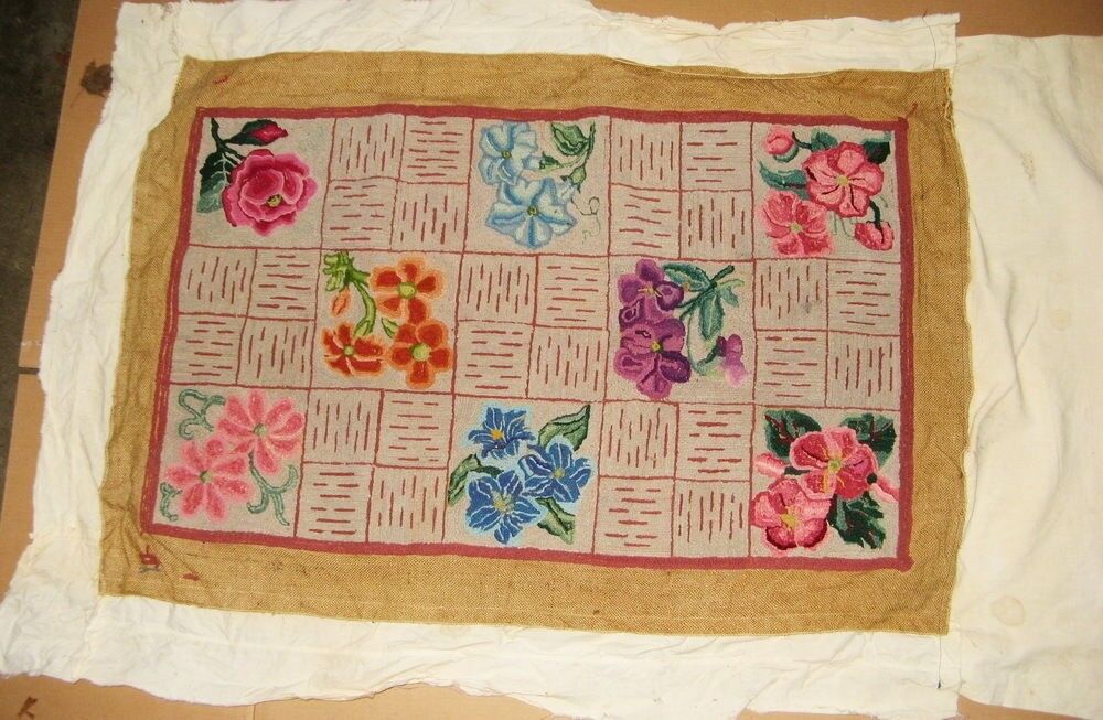 Vintage Hooked Rug With Various Flowers On Original Burlap - Awesome!