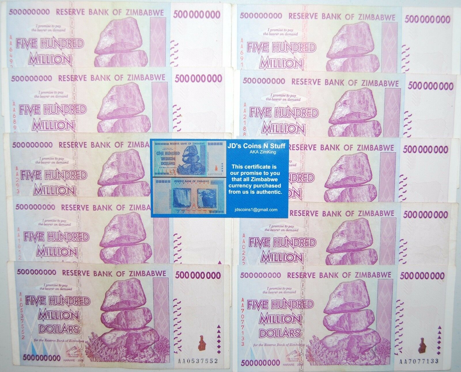 Guaranteed 2008 Aa Series With Coa! Zimbabwe 500 Million Dollars | 10 Banknotes