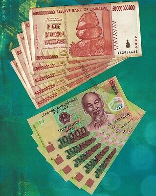 5 X 50 Billion Zimbabwe Dollars + 5 X 10000 Vietnam Dong Bank Notes Currency Lot