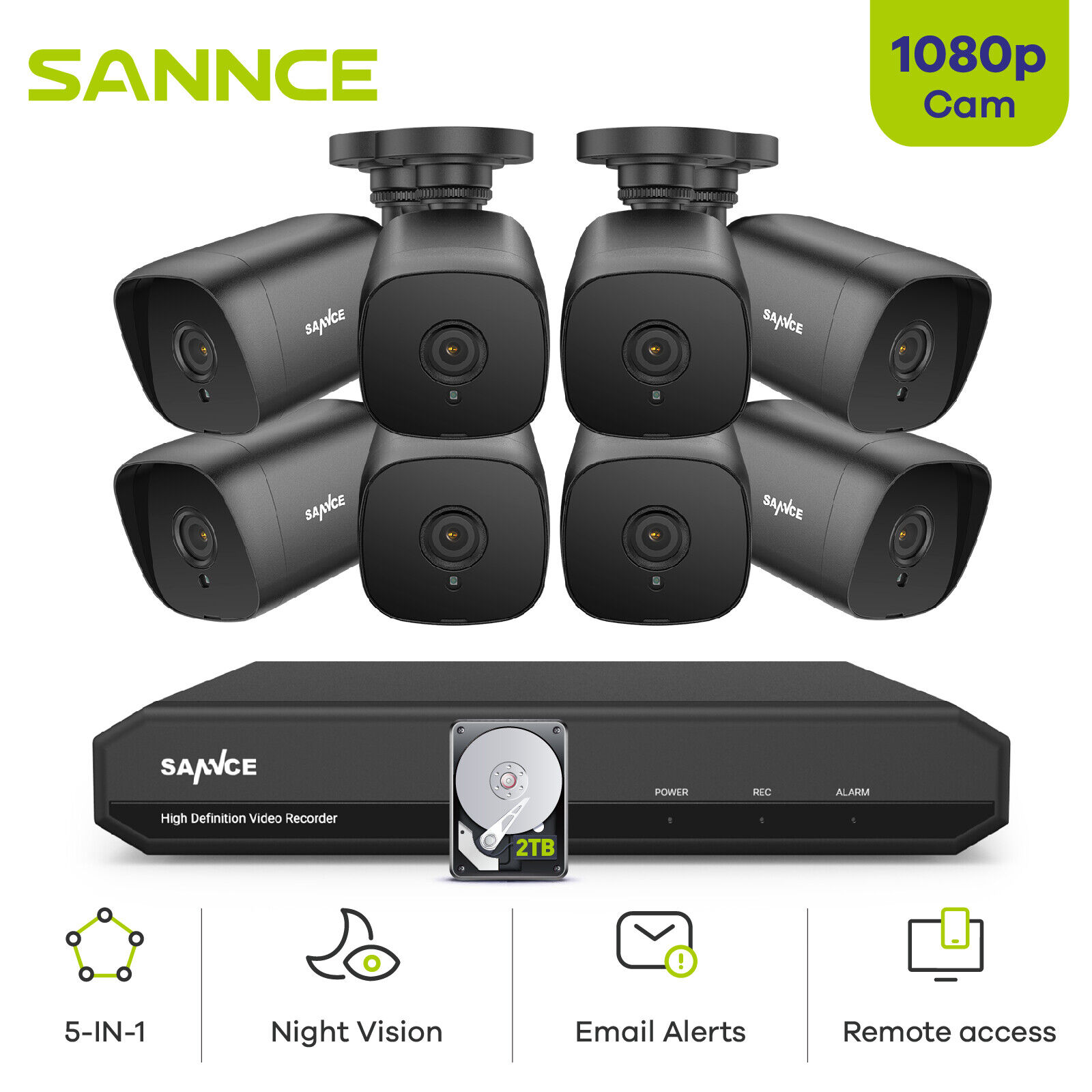 Sannce 8ch 5in1 Dvr 1080p Video Home Cctv Security Camera System Outdoor App