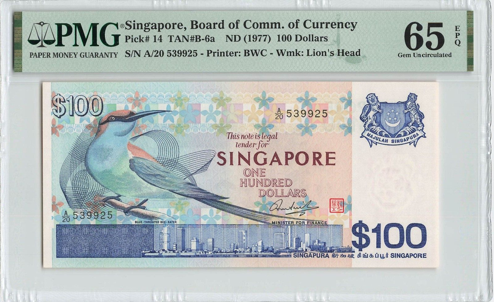 Singapore $100 Dollars 1977, P-14 Tan B-6a, Bird Series, Pmg 65 Epq Gem Unc A/20