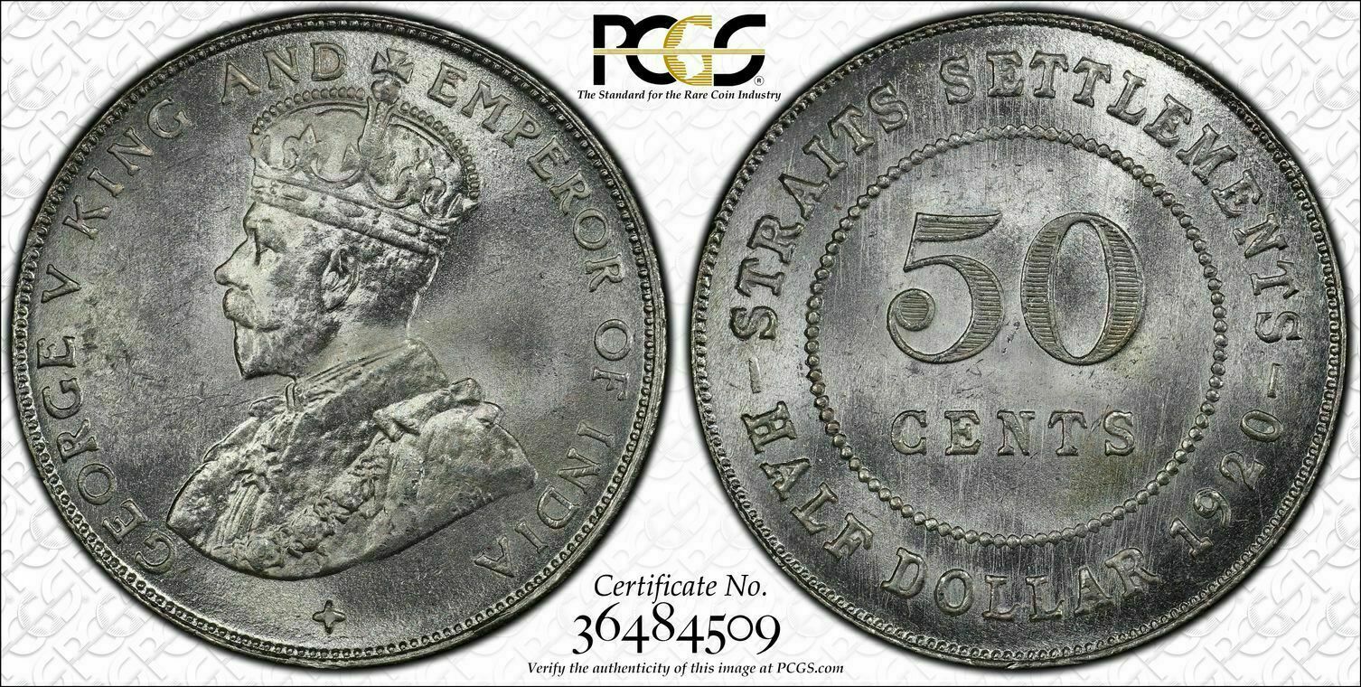 Straits Settlements, 1920 George V Fifty Cents, Pcgs Ms 65, 50 Cents.