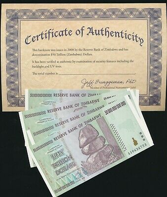 Zimbabwe 50 Trillion Dollar Bill Aa/2008 Uncirculated 100% Coa Genuine