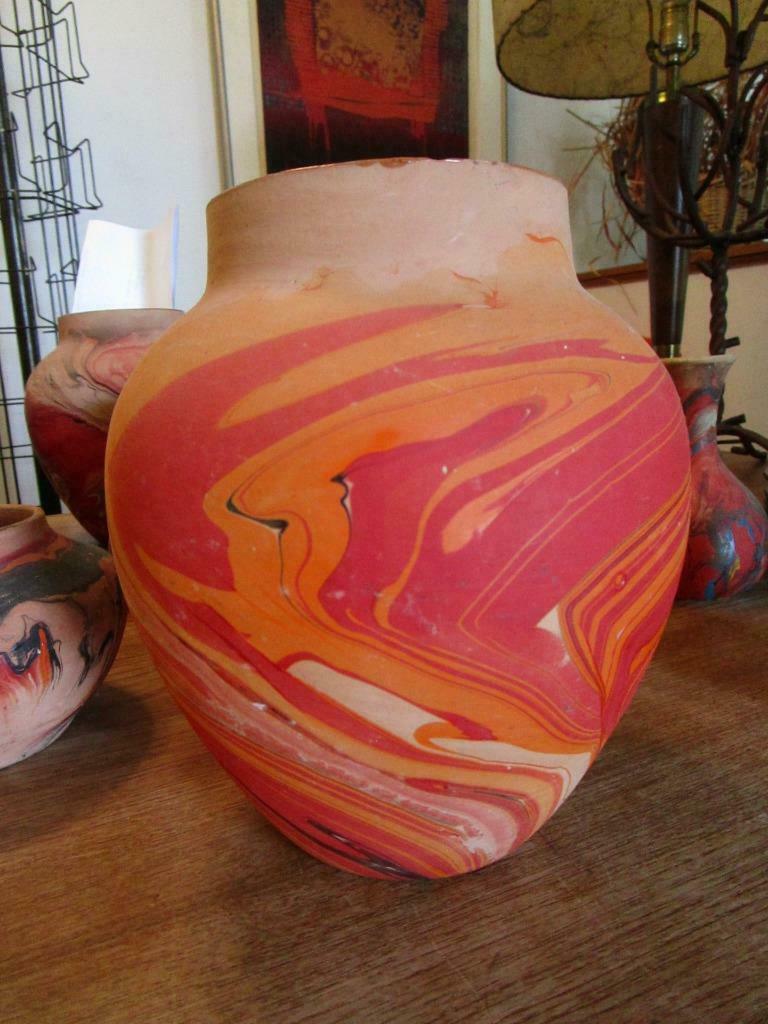 Very Old Vintage Nemadji Pottery Vase Red Black Orange  @ 8" H ~6" W (2)