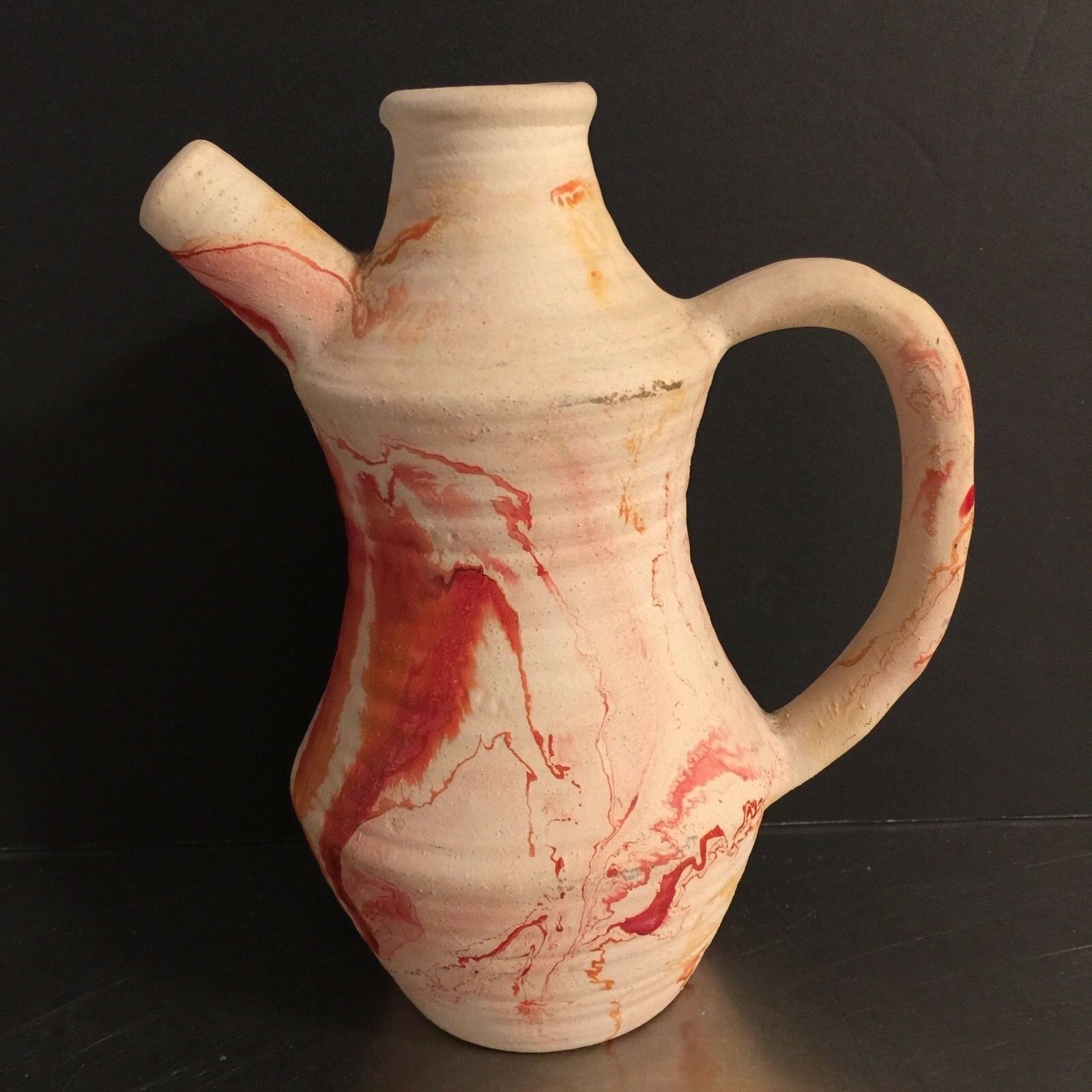 Nemadji Pottery Urn Tea Pot Spouted Pot Orange Swirl Made Usa Mcm Era Hand Made