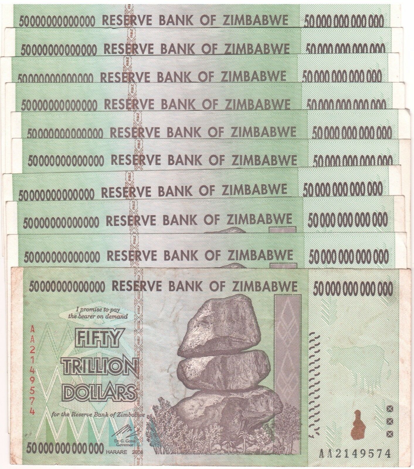 10 X Zimbabwe 50 Trillion Dollars Circulated Aa/2008 / $100 Trillion Series