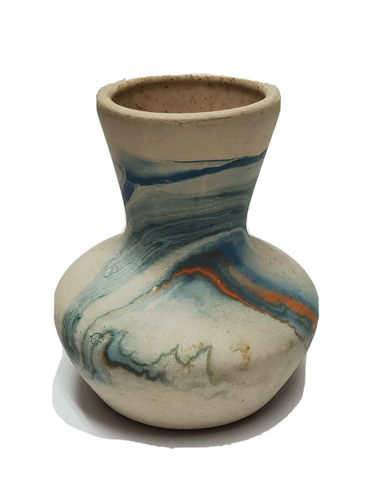 Vintage Nemadji Pottery Vase Southwestern Blue Swirl Signed Collectible Art