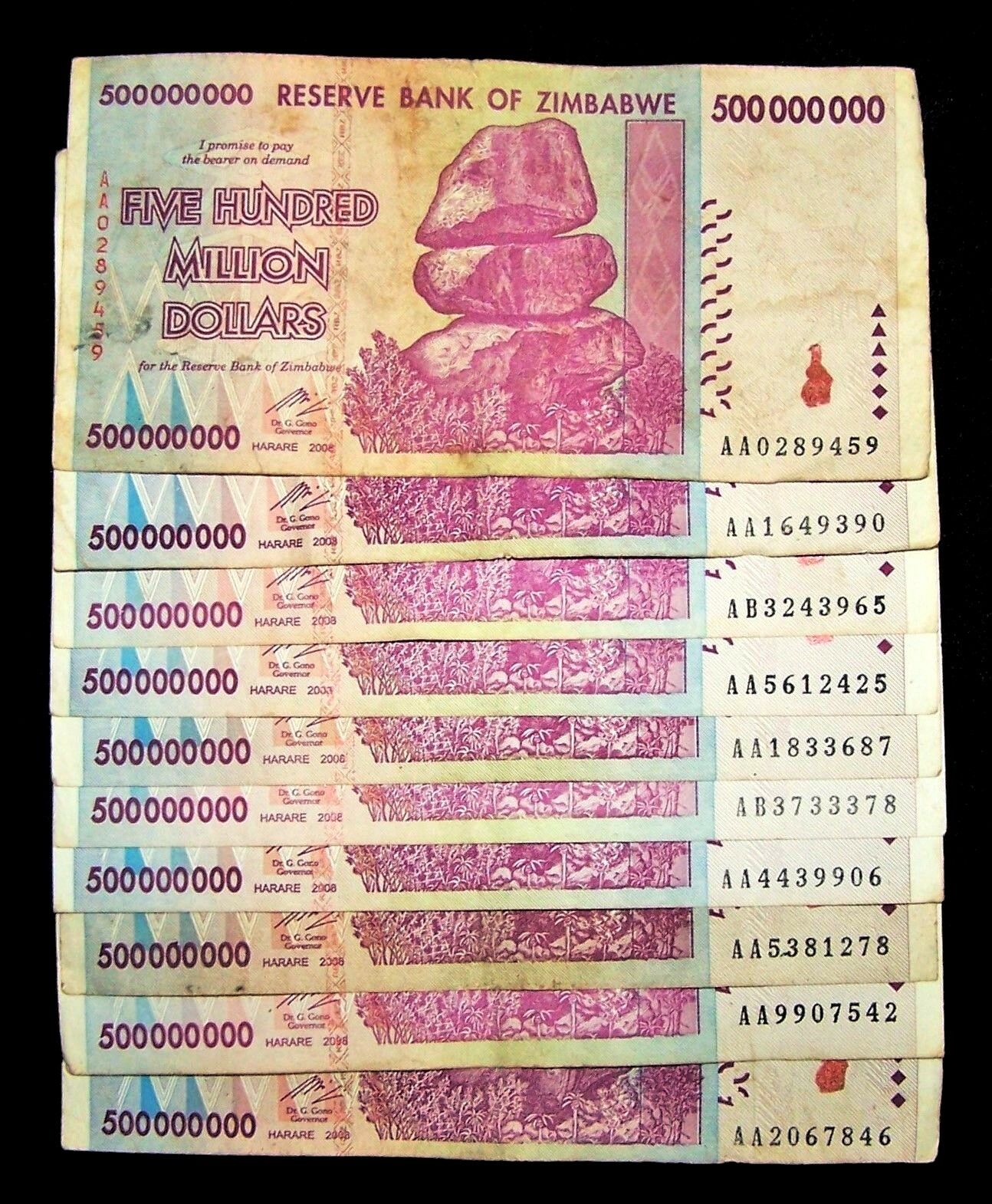 10 X Zimbabwe 500 Million Dollar Banknotes-circulated-2008/aa Or Ab Currency