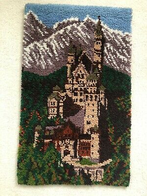 Vintage Latch Hook Rug Wall Hanging Castle Mountains Handmade 27 X 45 Shillcraft