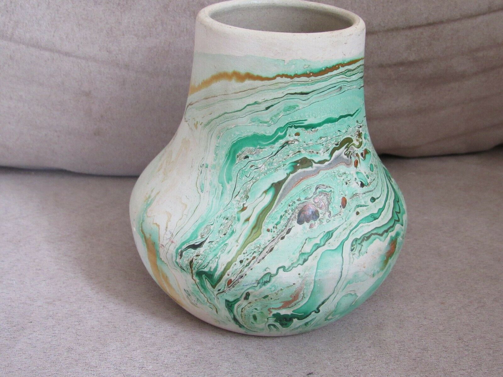 Nemadji Pottery Planter Native Vase Pot Turquoise Brown Swirl 4 7/8" Tall Usa