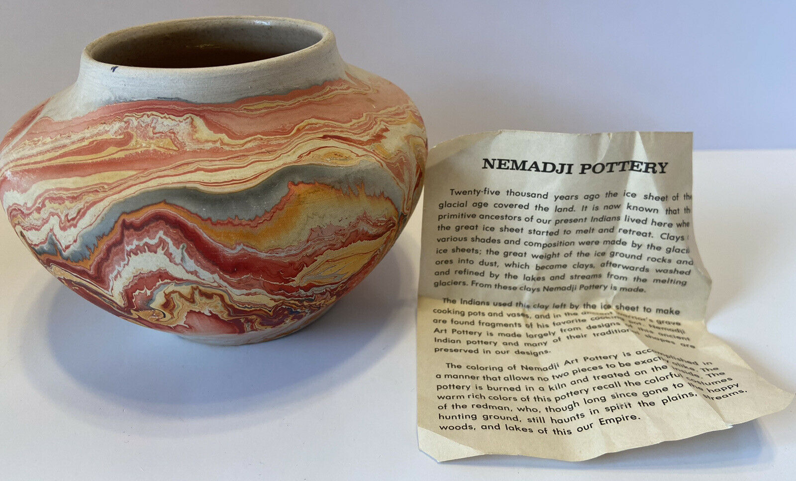 Vintage Nemadji Art Pottery Vase Swirled Red Orange Gray Black W/original Paper