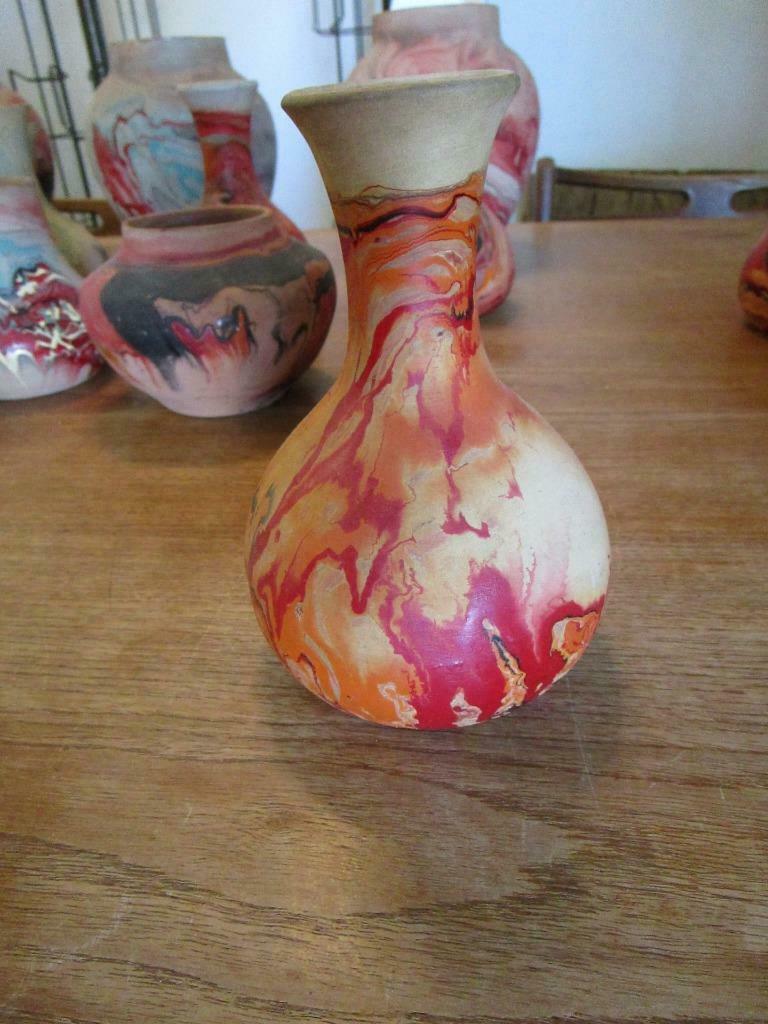 Very Old Vintage Nemadji Pottery Vase Red Black Gray Orange @ 6 1/2" H ~4" W (5)