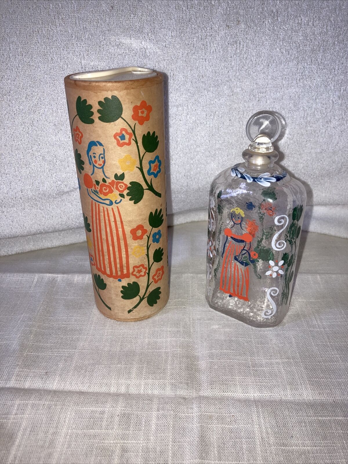 Early American Old Spice Shulton Talcum Powder W/painted Glass Perfume Bottle