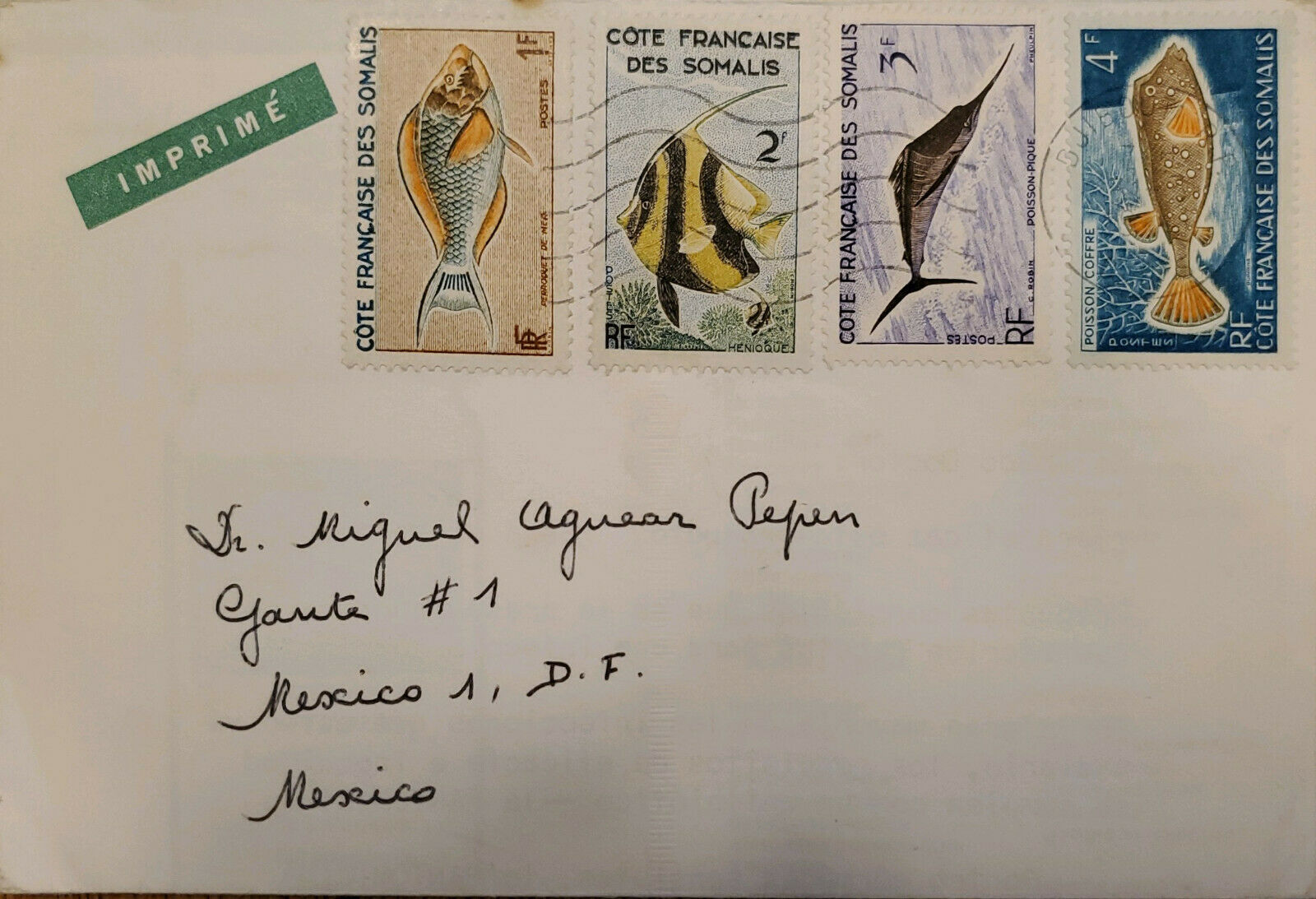 J) 1967 Somalia, France, Fish, Multiple Stamps, Airmail, Circulated Cover, From