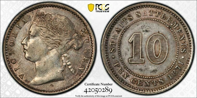 Straits Settlements Silver Qv 10 Cents 1871 About Uncirculated Pcgs Au53