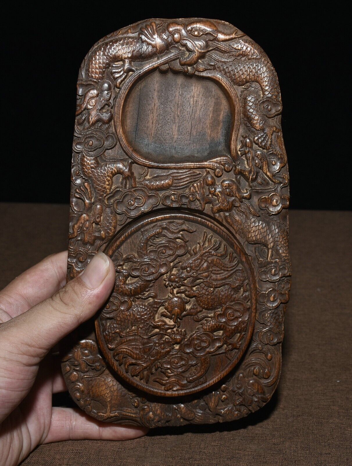 24cm Rare Old China Wood Hand Carving Dragon Play Bead Lid Inkstone Inkslab