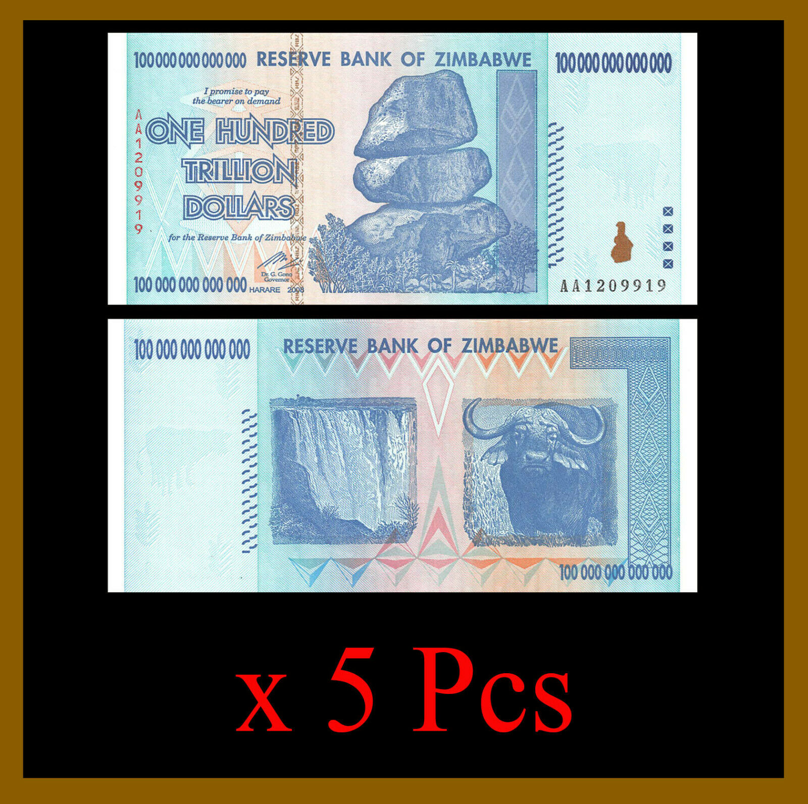 Zimbabwe 100 Trillion Dollars X 5 Pcs Bundle, 2008 Aa P-91 Unc