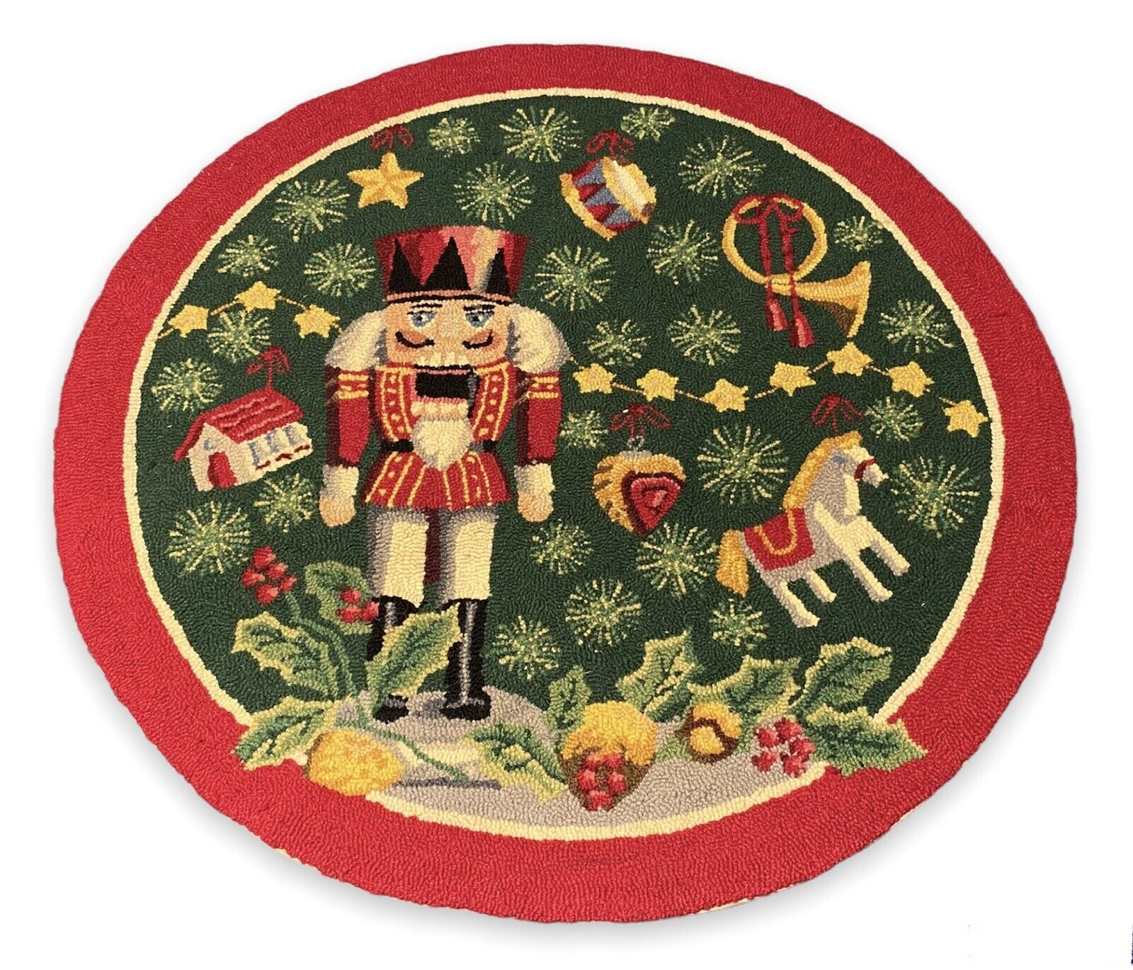 Vintage Hooked Rug Mat Christmas Tree Nutcracker Holly Round Throw ~35”