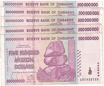 5 X Zimbabwe 500 Million Dollars Aa/ab 2008, 50&100 Trillion Series,circulated