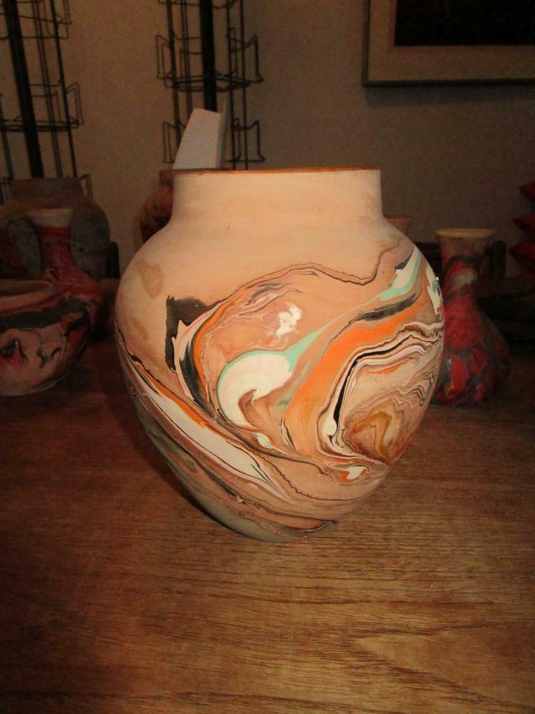 Very Old Vintage Nemadji Pottery Vase Brown Black Blue Orange  @ 8" H ~6" W (1)