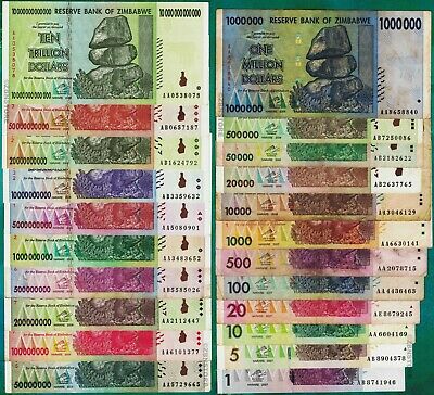 10 Trillion Zimbabwe Dollars Set 20 Different Banknotes 50 Billion 100 Million +