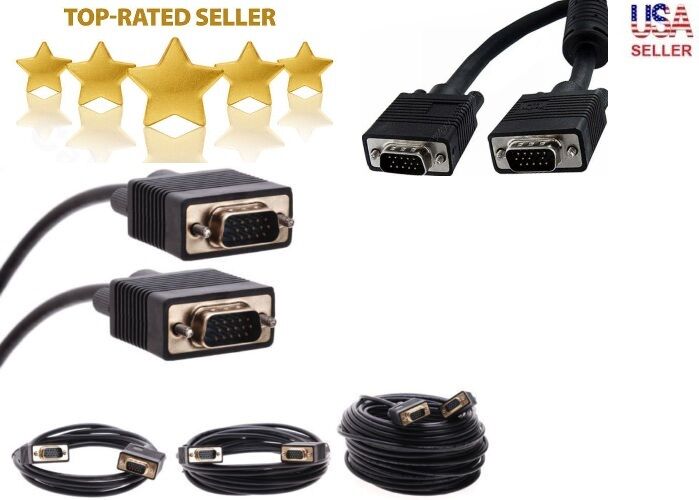 6ft 10ft 25ft 50ft 75ft 100ft Hd15 Svga Vga Monitor Cable M/m Male To Male Cord